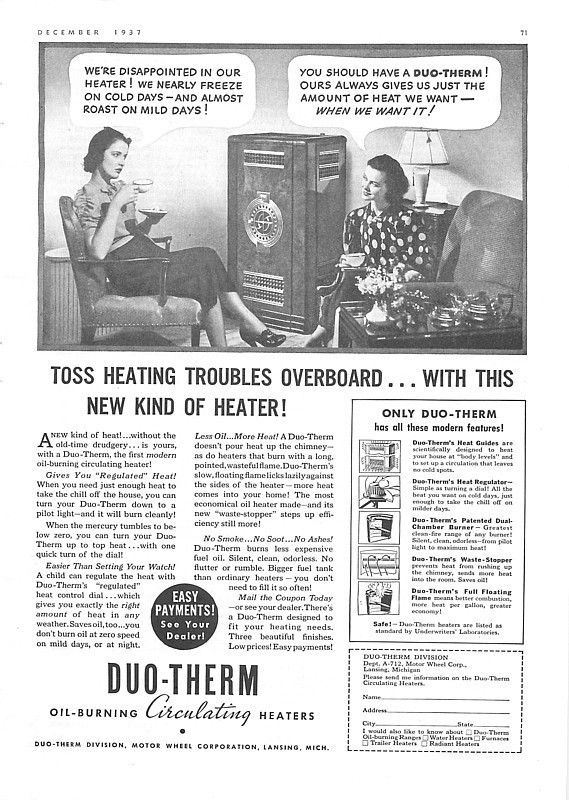 1937 Duo Therm Oil Burning Heater   Vintage Ad  