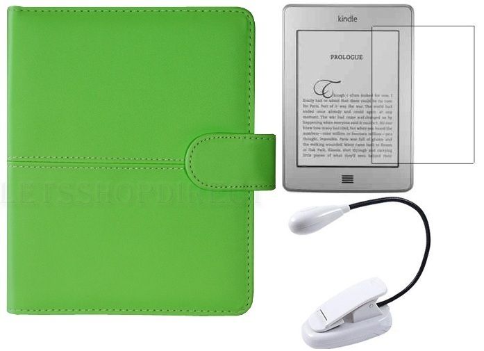 Leather Green Case Cover Folio for  Kindle Touch+LCD Protector 