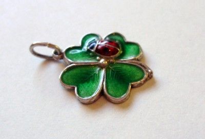 VINTAGE SILVER GERMAN ENAMEL LUCKY LADYBUG ON CLOVER CHARM ~ Gorgeous 