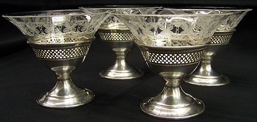 Vintage Etched Crystal and Sterling Silver Sherbert or Dessert Dishes 