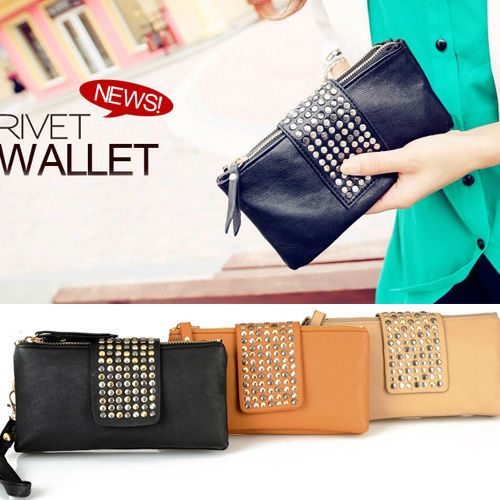 Fashion Korean PU Leather Punk Rivet Lady Clutch Purse Wallet Bag 