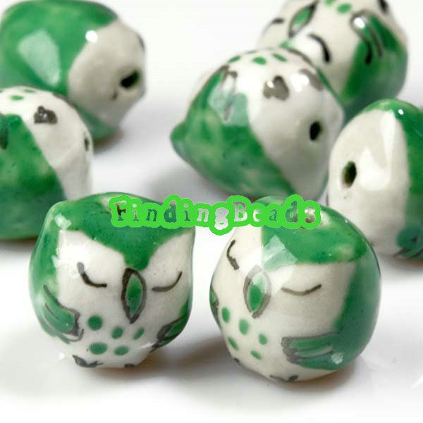 10 Pcs Green Porcelain Owl Beads 15mm PB0008  