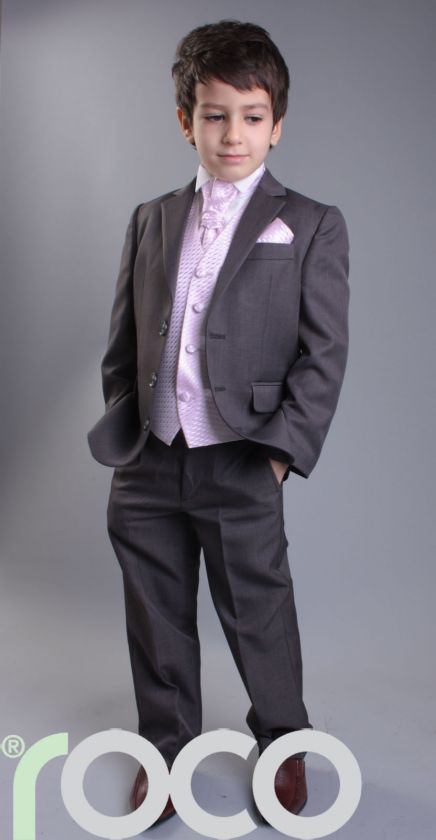 BOYS WEDDING SUIT PAGEBOY OUTFIT GREY PINK CRAVAT WAISTCOAT SUIT 1 