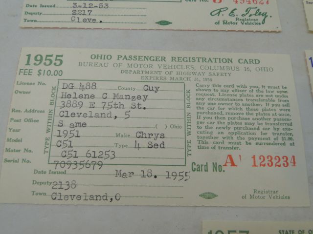   CAR REGISTRATION OHIO LOT 1951 52 53 54 55 56 57 CHEVY SEDAN  