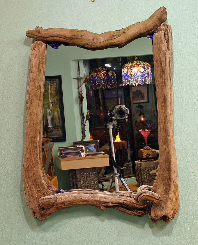 Driftwood Framed Mirror Art Nouveau Blue Beach Glass  