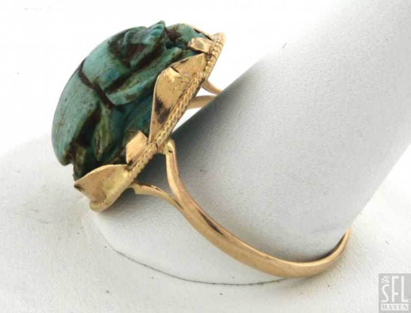   18K GOLD FANCY CARVED TURQUOISE SCARAB BEETLE RING SIZE 9.75  