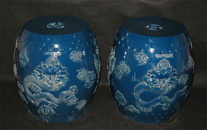 BEAUTIFUL PAIR BLUE GLAZED CARVED STOOLS/GARDEN SEATS  