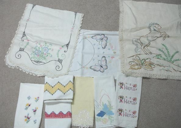 Vintage Dresser Scarves & 6 Hand Towels Embroidered  