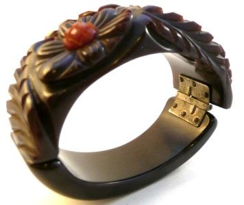   Thick Carved Floral Brown & Orange BAKELITE Bangle BRACELET  