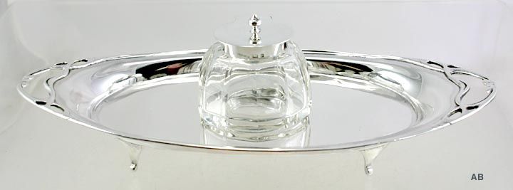   1904 English Sterling Silver & Cut Glass Inkwell and Stand  