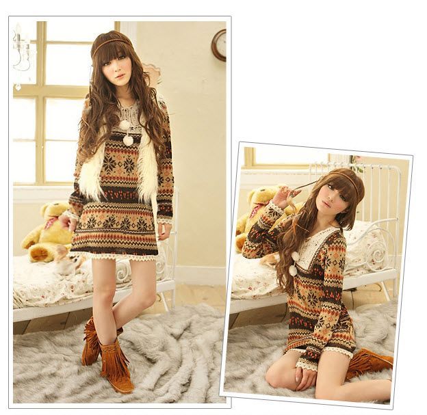 FREE SHIP NEW Gypsy Women Ladies Brown Boho Fair Isle Wool Sweater 