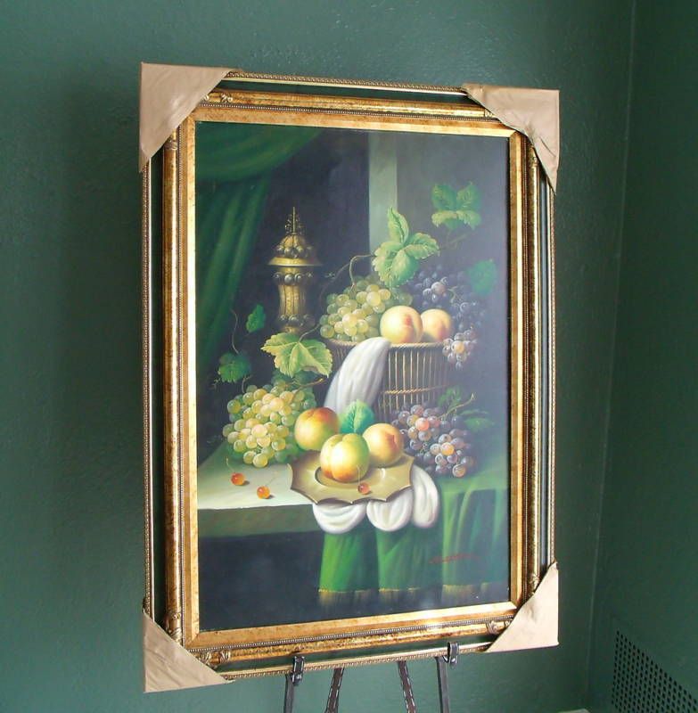 Antique Style Oil Painting Framed Signed Grapes Fruit  