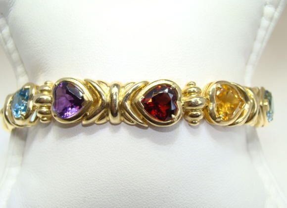 Designer 14KYG Heart Shape Multi Gemstone Gold Bracelet  