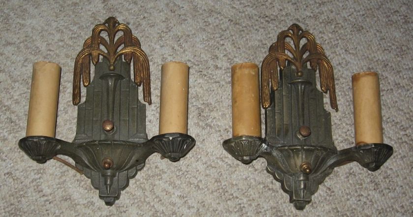 Pair Period Art Deco Sconces , Lamps Cast Iron & Brass  