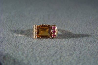 ANTIQUE 14 K GOLD ART DECO GOLDEN CITRINE RUBY RING 4.5  