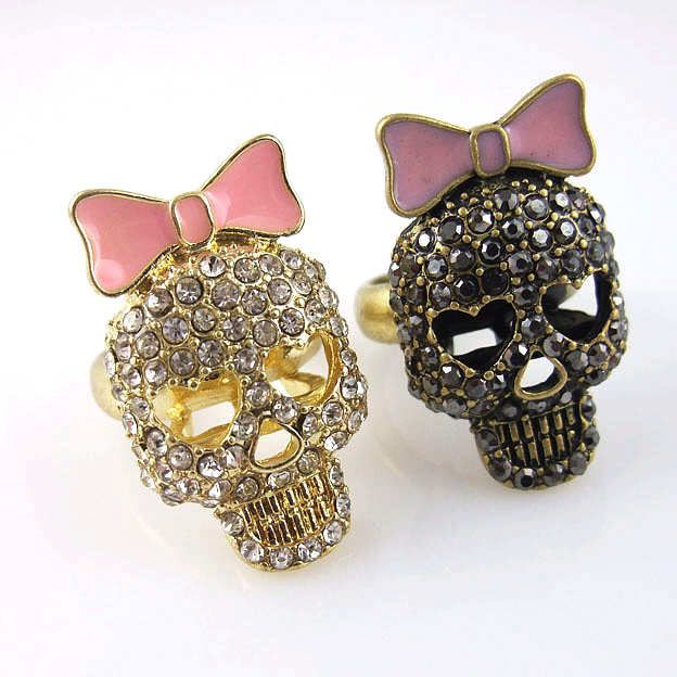 Sparkling Rhinestone Pink Bow & Hollow Skull Ring Sz 6  