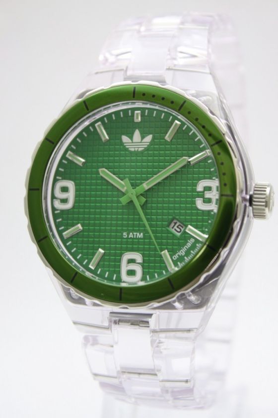 New Adidas Cambridge Clear Acrylic Band Green Date Watch 45mm ADH2511 