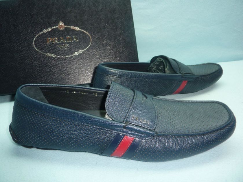 PRADA CALZATURE UOMO SAFFIANO FORI C SIZE 12 LOAFERS DRESS SHOES SLIP 