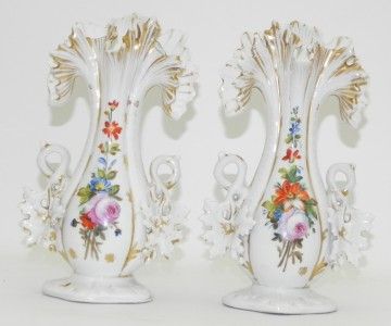   PARIS PORCELAIN VASES MOULDED LEAVES HANDPAINTED FLOWERS C1860  