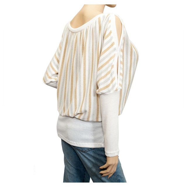 Plus size Striped Long Split Sleeve Top White  