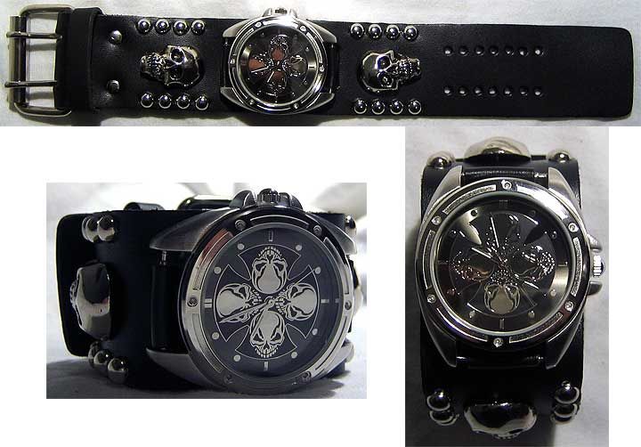 NEMESIS IRON CROSS SKULL STUDDED LEATHER CUFF WATCH NEW  