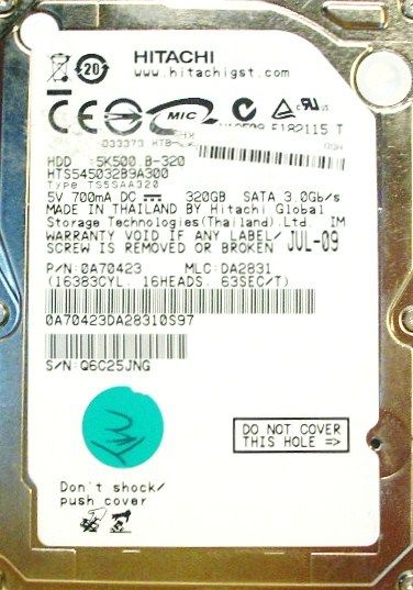 Hitachi HTS545032B9A300 320GB P/N 0A70423 MLC DA2831 0609722204828 