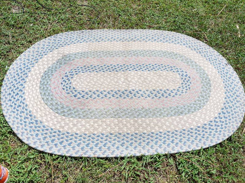 Vintage WOOL BRAIDED Area Rug 6x4 COUNTRY ROUND Blue  