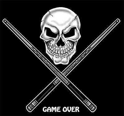 GAME OVER POOL BALL PLAY TABLE SKULL CUE STICKS T SHIRT  