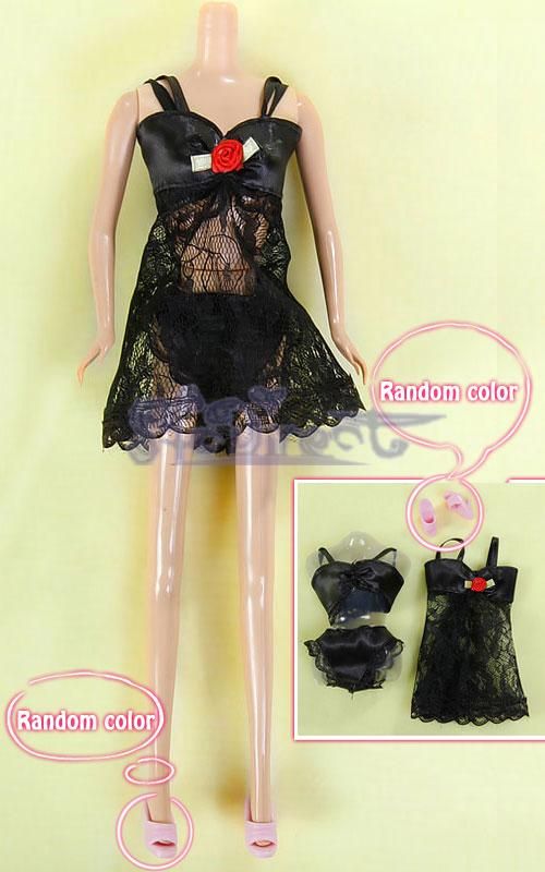 Lace Trimm Dress Underwear Slippers Set for Barbie Doll  