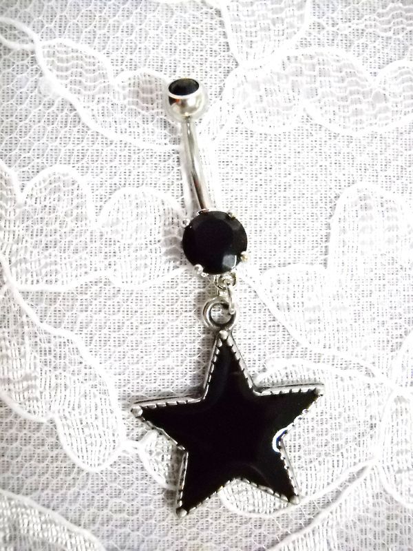 NEW PEWTER BLACK STAR PENDANT w BLACK CZ SS BELLY RING  