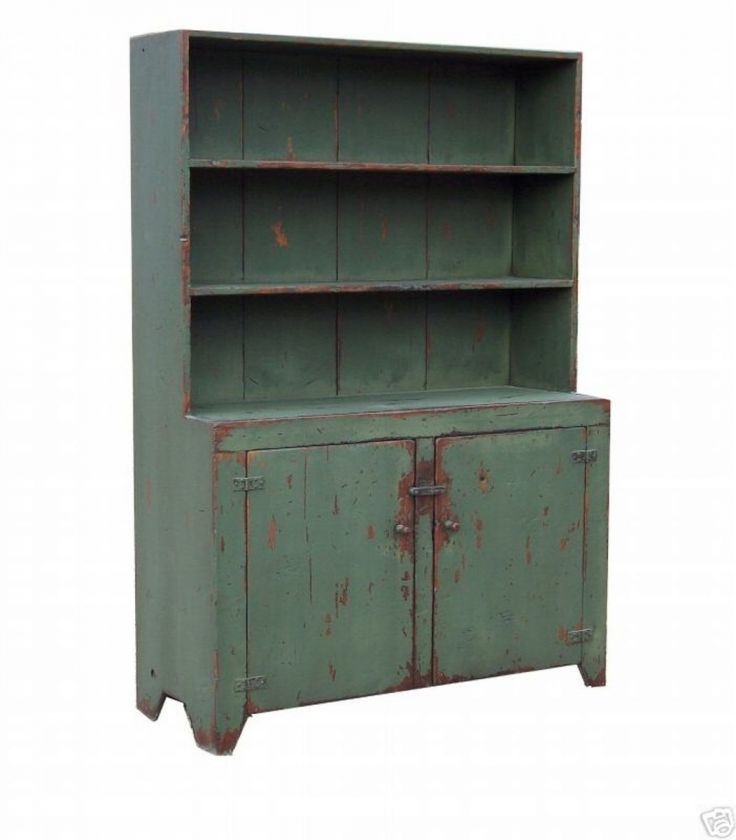 COUNTRY PRIMITIVE PAINTED STEP BACK CHINA CABINET HUTCH REPRODUCTION 