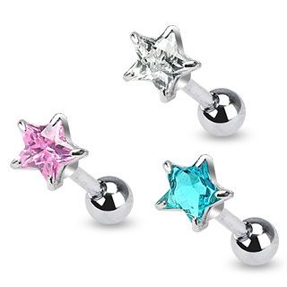 Pink Star CZ 16g Tragus Cartilage Stud Earring 1/4 Bar 5mm  