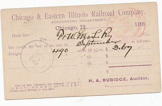 1882 POSTAL CARD RAILROAD CHICAGO & EASTERN ILLINOIS  