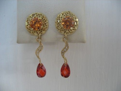 14K GOLD 2 TONE GENUINE CITRINE DIAMONDS DANGLE EARRINGS.  