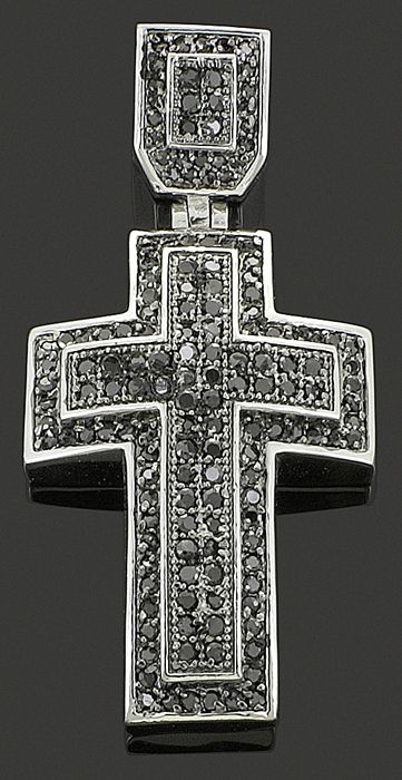 Fake Black Diamonds Iced Out Cross Pendant Charm Chain  