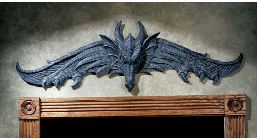 Medieval Dragon Arched Wings Sculptural Wall & Door Pediment  