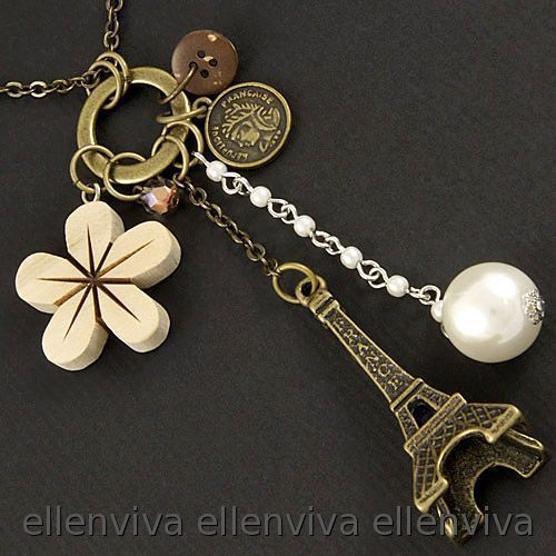 Paris Eiffel Tower Wooden Flower Necklace FS #ne373cp  