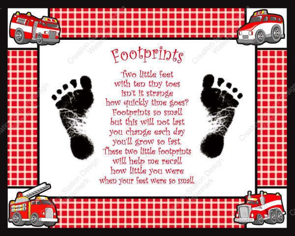 Firetruck Theme Babys Footprints with Poem  