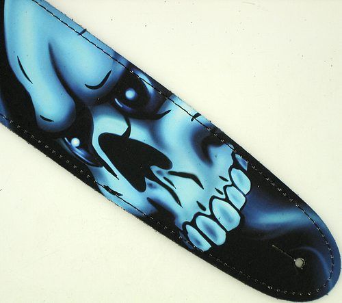 Leather Guitar Strap Blue Skulls Airbrushed 2 1/2  