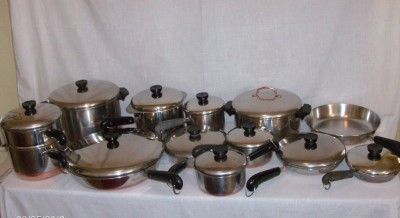 REVERE WARE 25 PIECE SET OF COPPER BOTTOM/COPPER CLAD COOKWARE IN EUC 