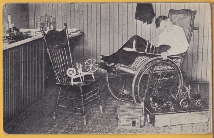 MAN in WHEELCHAIR~TOY TRUCKS & SPINNING WHEEL~c1910 GEM  