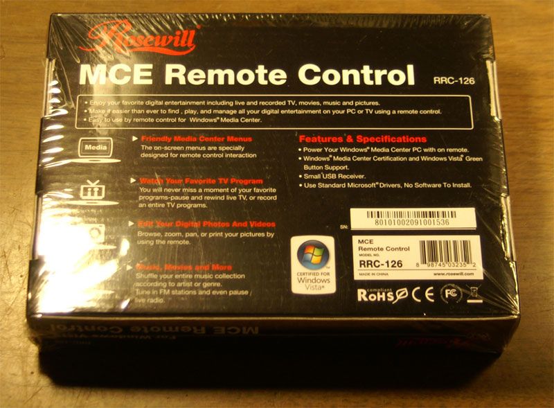 Rosewill Windows Vista Certified Media Center IR Remote  